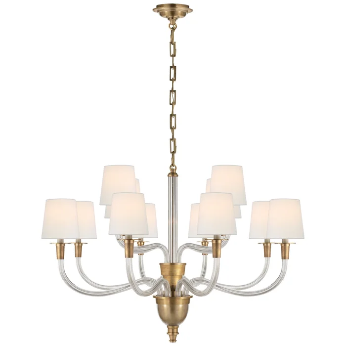 Thomas O’Brien Vivian Large Two-Tier Chandelier in Hand-Rubbed Antique Brass with Linen Shades Ceiling Light W36″ x H25″