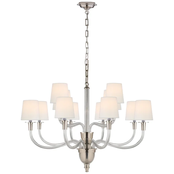 Thomas O’Brien Vivian Large Two-Tier Chandelier in Polished Nickel with Linen Shades Ceiling Light W36″ x H25″