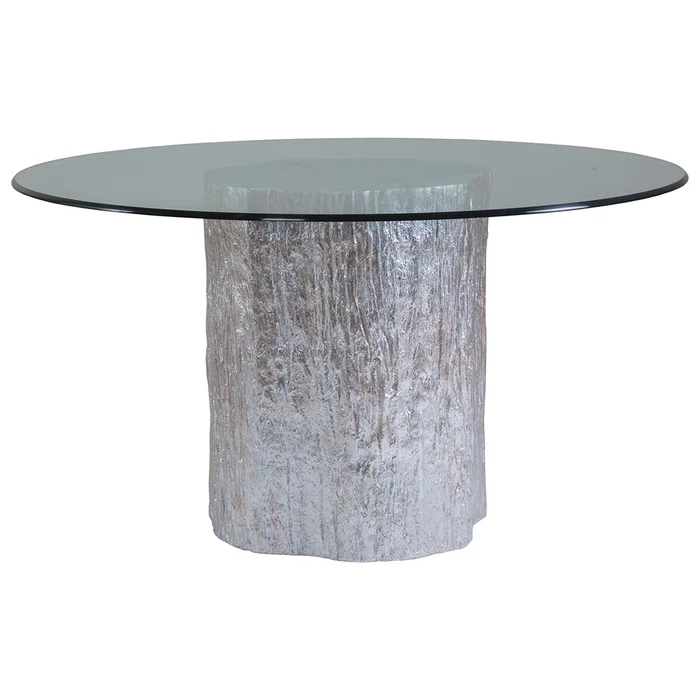 trunk segment round dining table with glass top – silver leaf