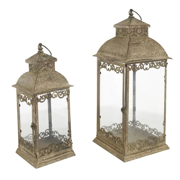 UMA Brown Metal Distressed Vintage Inspired Ornate Scroll Indoor Outdoor Candle Lantern, Set of 2 20″, 25″H | 12805