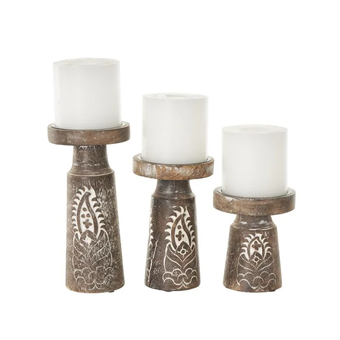 UMA Dark Brown Mango Wood Tribal Pillar Decorative Candle Holder, Set of 3 10″, 8″, 6″H | 30323 CLOSEOUT