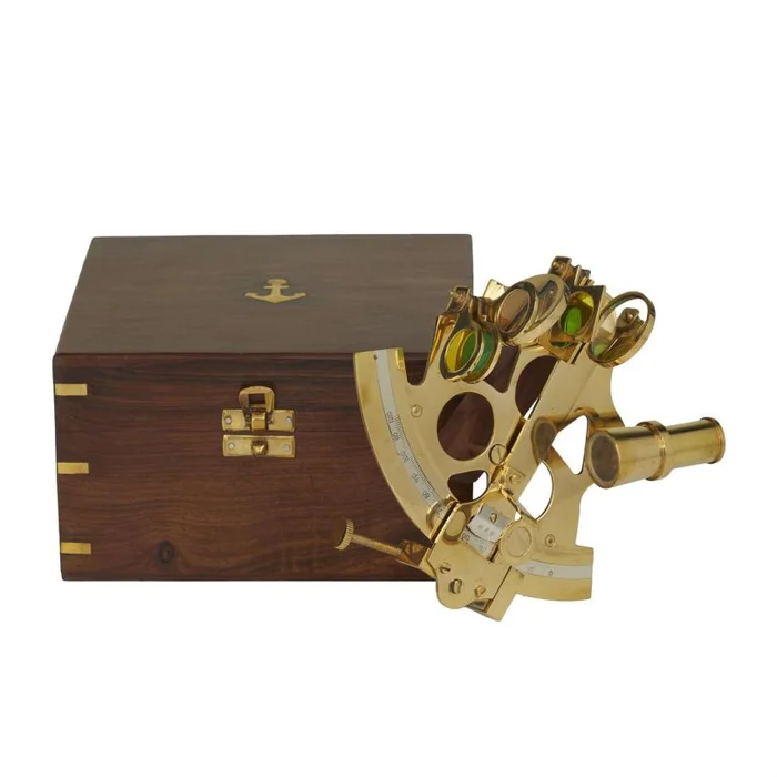 UMA Gold Brass Metal Sextant Compass with Decorative Wood Box, Set of 2 7″W, 3″H | 57126 CLOSEOUT