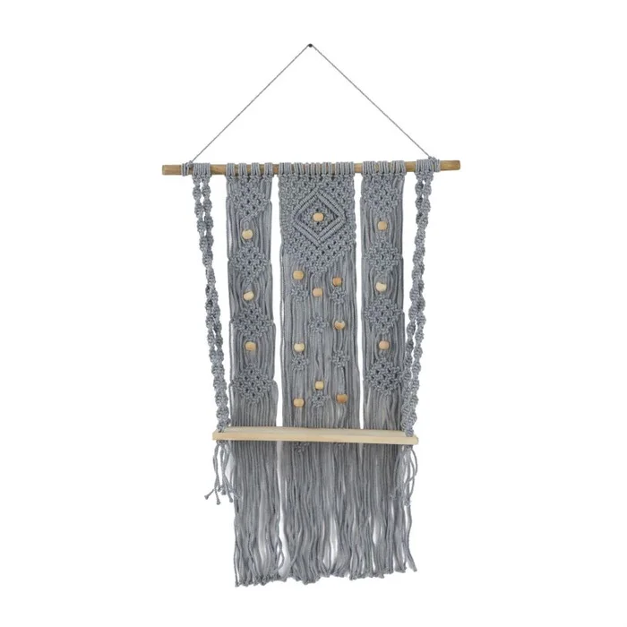 UMA Gray Cotton Fabric Handmade Macrame 1 Shelf Wall Shelf, 25″ x 6″ x 46″ | 89623