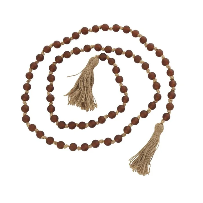 UMA Orange Glass Handmade Round Long Frosted Beaded Garland with Tassel with Knotted Brown Jute, 83″ x 1″ x 1″ | 90307 CLOSEOUT