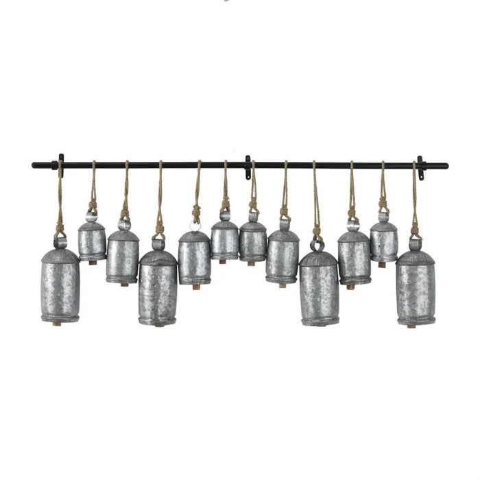 UMA Silver Metal Tibetan Inspired 12 Bell Indoor Outdoor Decorative Cow Bells with 12 Bells on Jute Hanging Ropes and Rod, 3″ x 3″ x 7″ | 78148