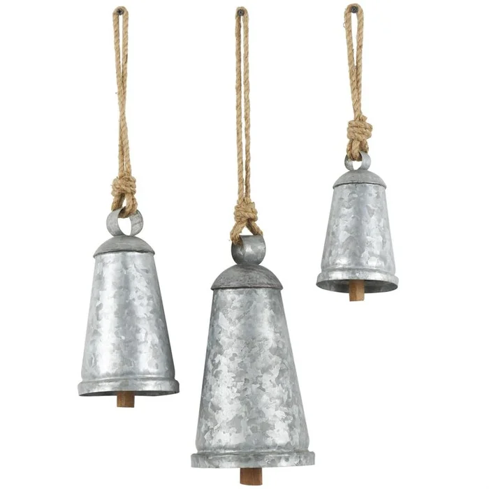 UMA Silver Metal Tibetan Inspired Galvanized Indoor Outdoor Decorative Cow Bells with Jute Hanging Rope, Set of 3 12″,9″,6″H | 27326