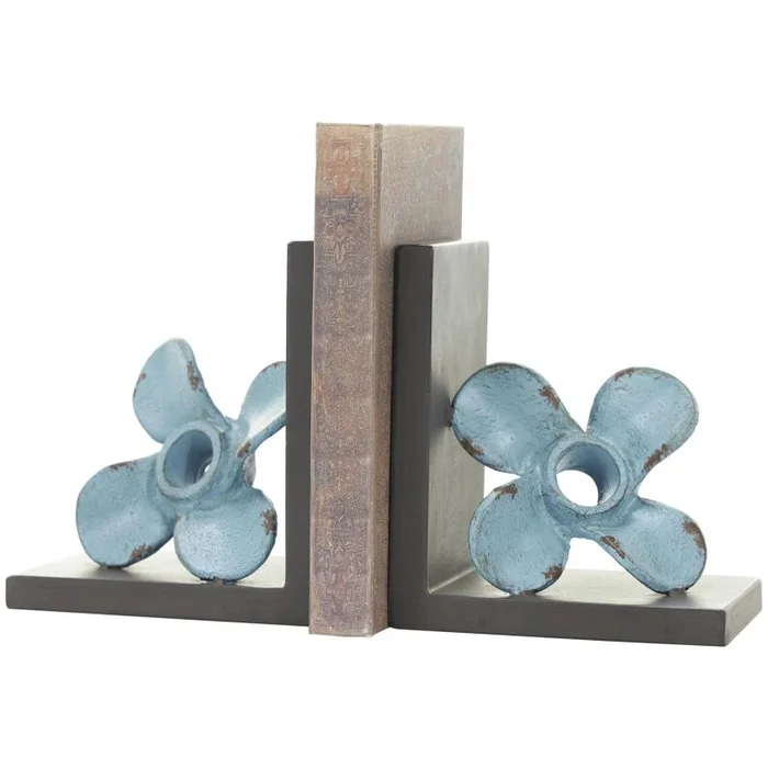 UMA Teal Metal Boat Distressed Propeller Decorative Bookends with Brown L-Shaped Stands, Set of 2 6″W, 7″H | 77212