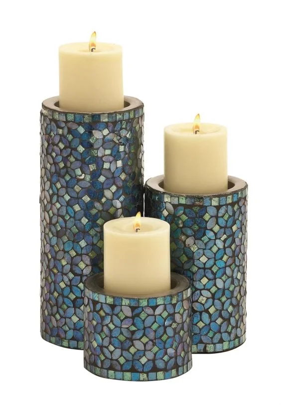 UMA Teal Metal Handmade Decorative Candle Holder with Mosaic Pattern, Set of 3 10″, 7″, 4″H | 23898