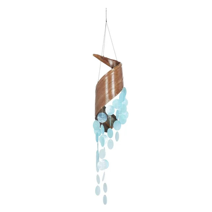 UMA Teal Shell Spiral Waterfall Indoor Outdoor Windchime with Black Rope, 5″ x 5″ x 32″ | 33111