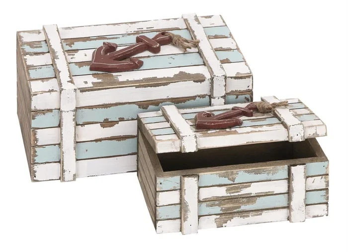 UMA Teal Wood Decorative Box with Anchor Detail and Hinged Lid, Set of 2 10″, 7″W | 38700
