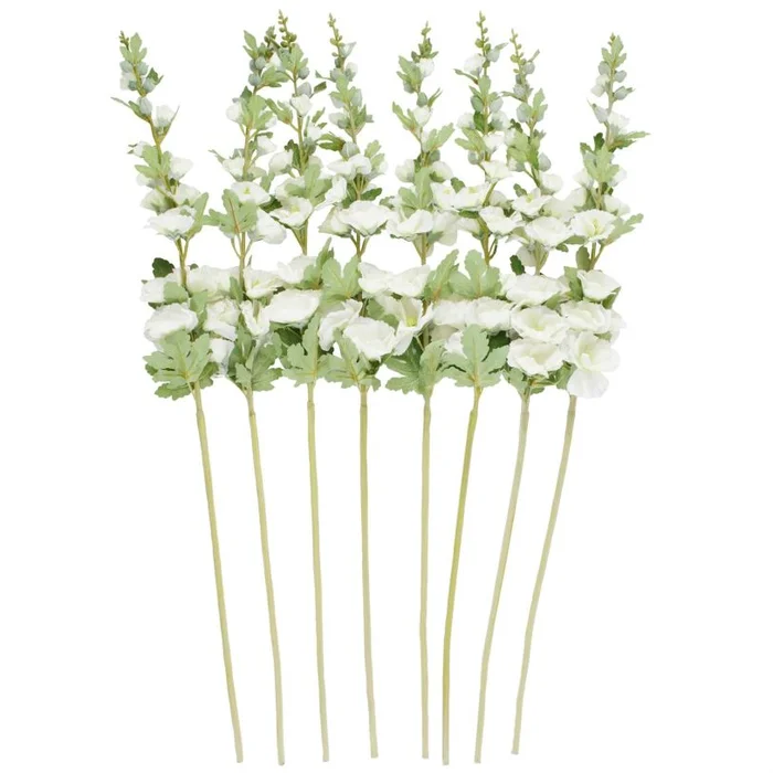 UMA White Faux Foliage Hollyhock Tall Indoor Outdoor Artificial Flower Stem with Blue Accents, Set of 8 44″H | 14545