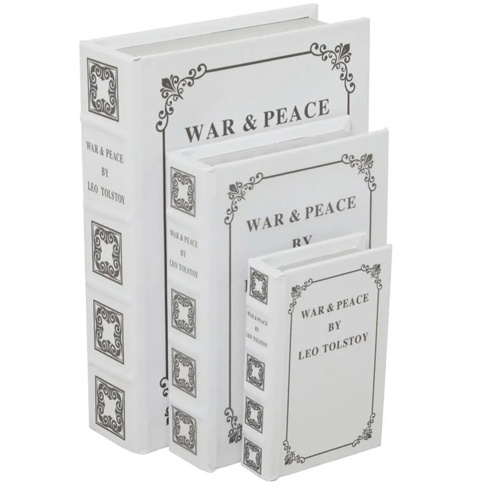 UMA White Faux Leather Scroll “War and Peace” Book Storage Decorative Box, Set of 3 12″, 9″, 7″H | 32728 CLOSEOUT
