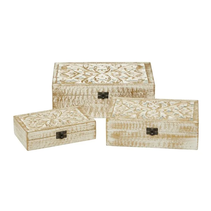 UMA White Mango Wood Floral Handmade Decorative Box with Hinged Lid, Set of 3 8″, 10″, 12″W | 96093