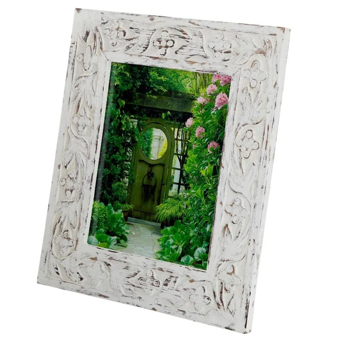 UMA White Mango Wood Floral Handmade Intricate Carved 1 Slot Photo Frame, 13″ x 1″ x 15″ | 54637