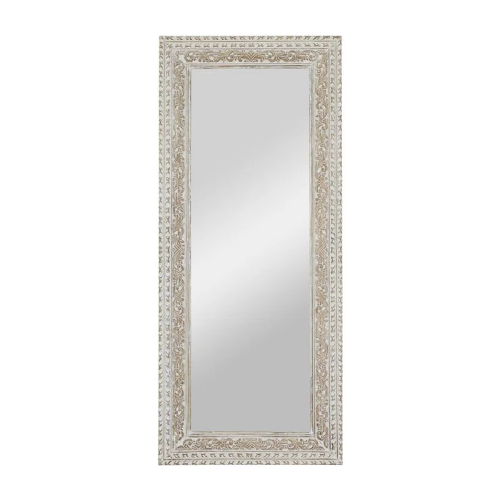 UMA White Mango Wood Scroll Vine Room Wall Mirror with Brown Carved Detail, 36″ x 2″ x 84″ | 78034