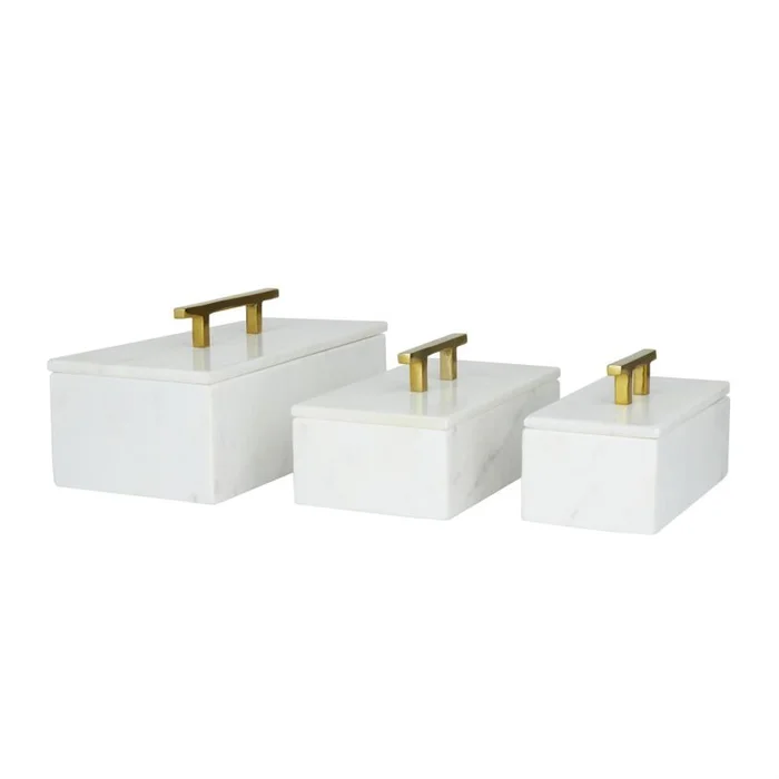 UMA White Marble Decorative Box with Gold Bar Handles, Set of 3 12″, 10″, 8″W | 29219