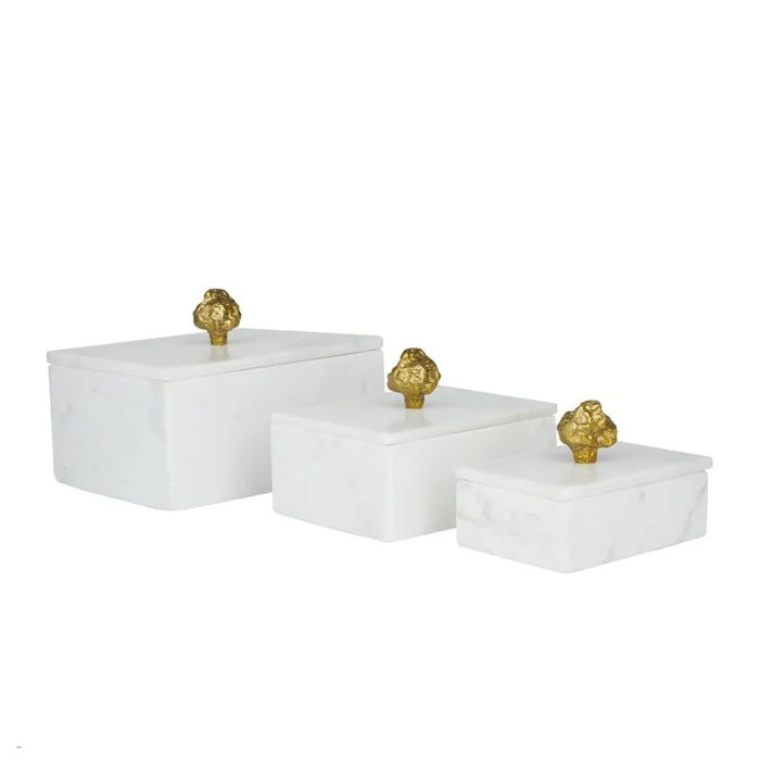 UMA White Marble Decorative Box with Gold Finial, Set of 3 9″, 7″, 6″W | 29217