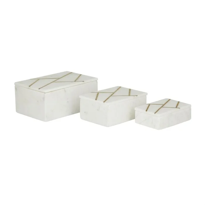 UMA White Marble Decorative Box with Gold Linear Lines, Set of 3 9″, 7″, 6″W | 29221 CLOSEOUT