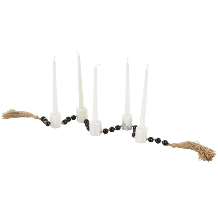 UMA White Marble Garland Decorative Candle Holder with Brown Tassel and Black Beads, 46″ x 2″ x 2″ | 17758