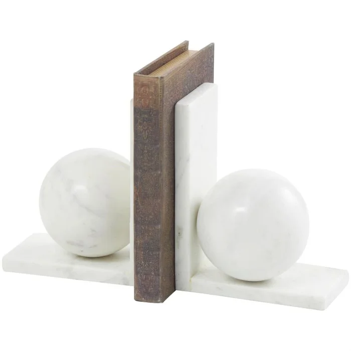 UMA White Marble Geometric Sleek Orb 12 lbs Decorative Bookends with L- Shaped Bases, Set of 2 6″W, 7″H | 33138