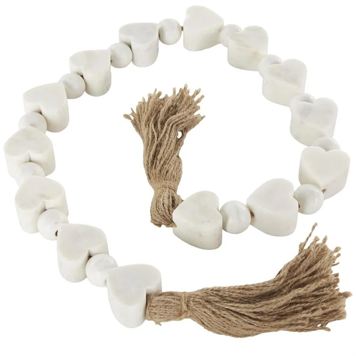 UMA White Marble Heart Handmade Beaded Garland with Tassel with Knotted Brown Jute, 45″ x 2″ x 1″ | 15536