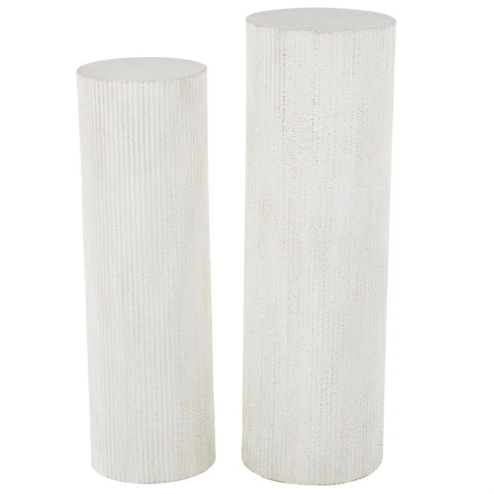 UMA White Metal Handmade Ribbed Side End Pedestal Table, Set of 2 35″, 32″H | 16636