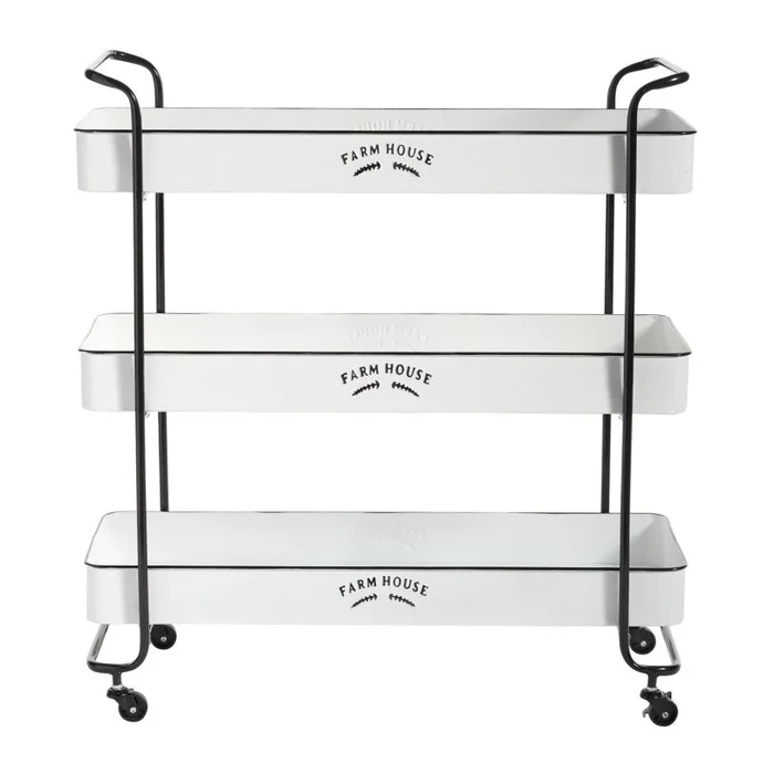 UMA White Metal Kitchen Rolling 3 Shelves Storage Cart with Black Accents and Farm House Design, 32″ x 12″ x 35″ | 46441
