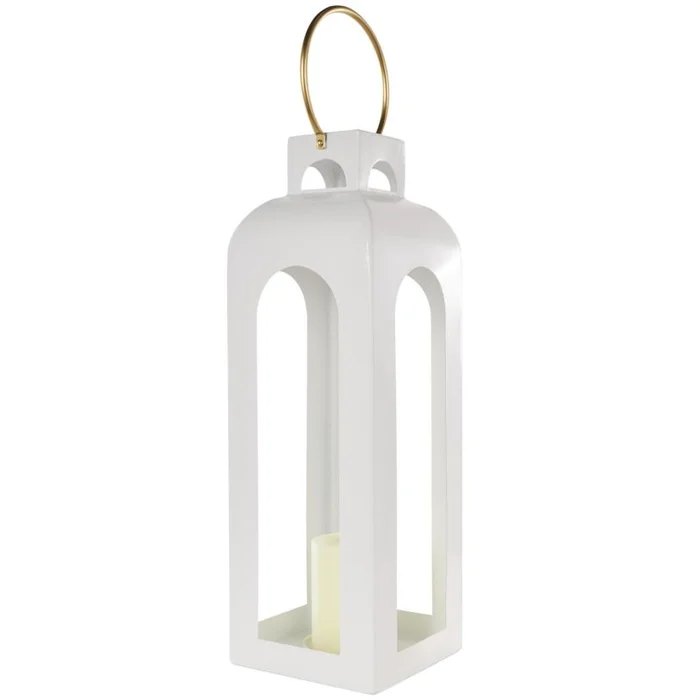 UMA White Metal Tall Arched Cutout Indoor Outdoor Candle Lantern with Gold Handle, 7″ x 8″ x 27″ | 13125