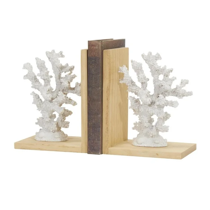 UMA White Resin Coral Textured Decorative Bookends with Brown L-Shaped Stands, Set of 2 6″W, 8″H | 13310 CLOSEOUT