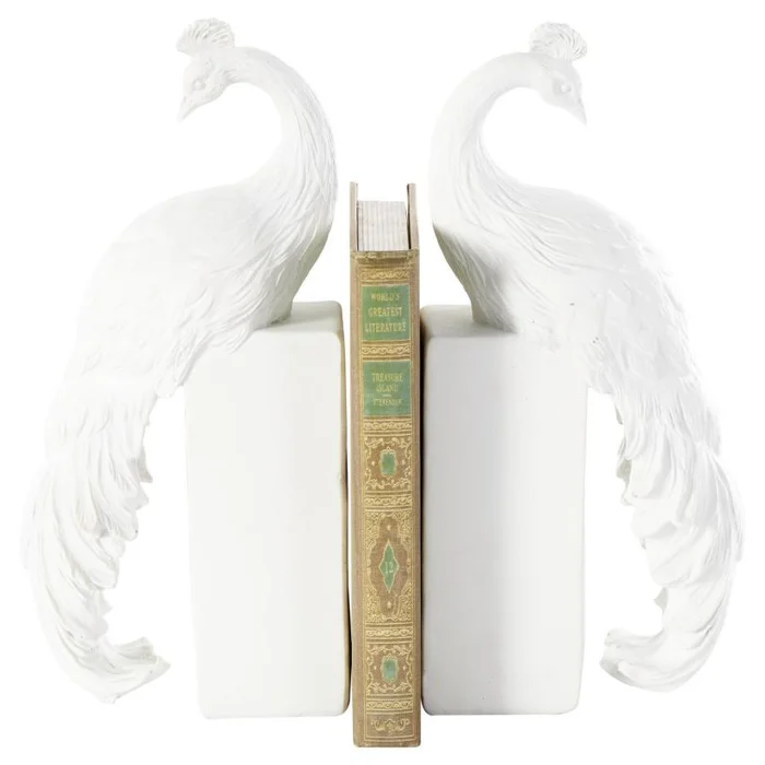 UMA White Resin Peacock Textured Decorative Bookends with Tall Block Bases, Set of 2 6″W, 12″H | 10863