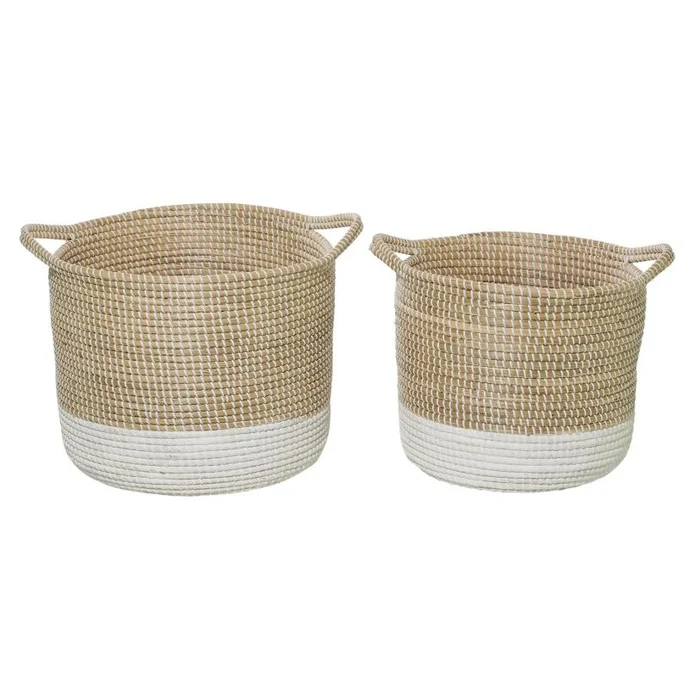 UMA White Seagrass Handmade Two Toned Decorative and Functional Storage Basket with Handles, Set of 2 18″, 20″W | 84466