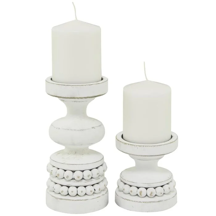 UMA White Wood Beaded Pillar Decorative Candle Holder, Set of 2 8″, 4″H | 24461