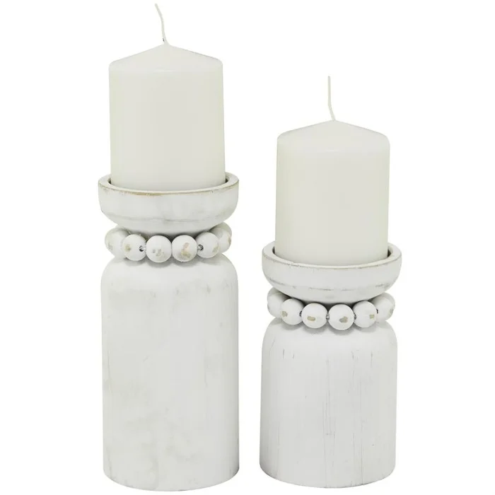 UMA White Wood Beaded Pillar Decorative Candle Holder, Set of 2 8″, 6″H | 24469