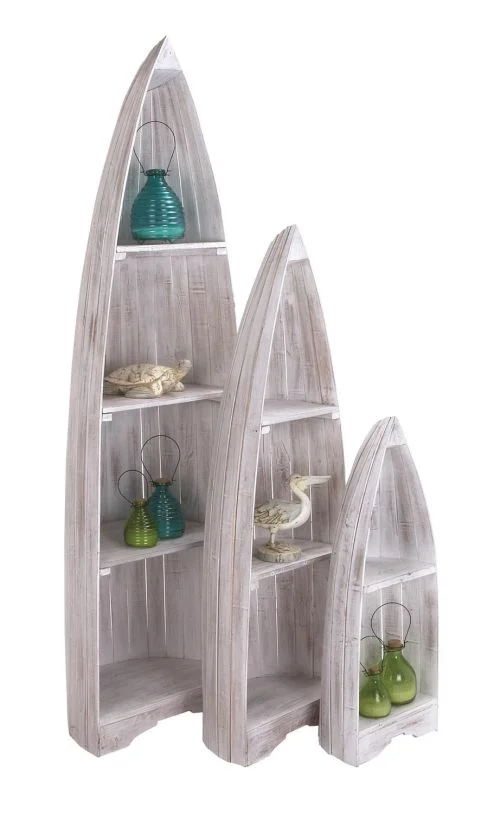 UMA White Wood Boat Slatted Wood 6 Shelves Storage Shelving Unit, Set of 3 76″, 57″, 37″H | 37745