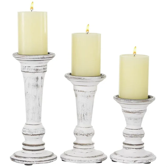 UMA White Wood Decorative Candle Holder, Set of 3 6″, 8″, 10″H | 51324