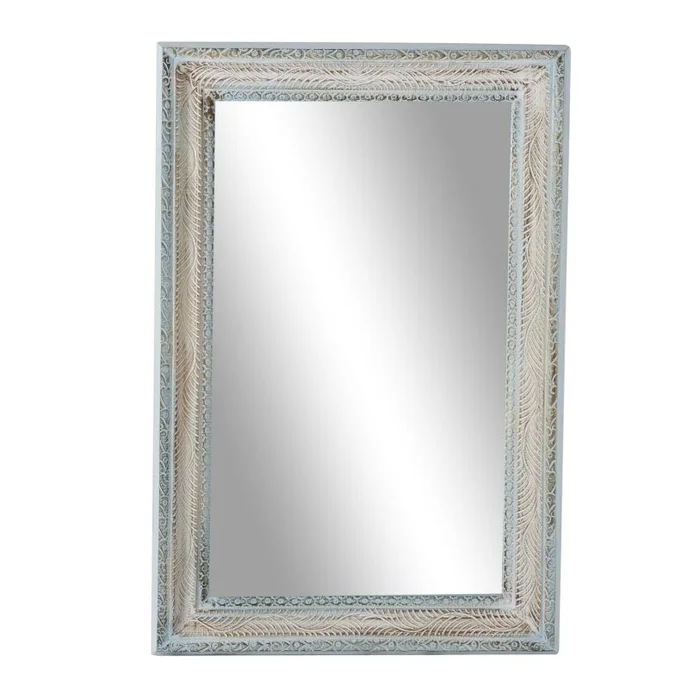 UMA White Wood Floral Carved Room Wall Mirror, 32″ x 3″ x 48″ | 22336