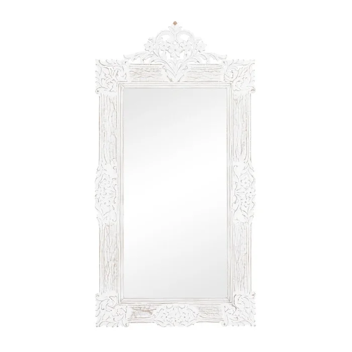 UMA White Wood Floral Intricately Carved Acanthus Room Wall Mirror, 36″ x 1″ x 69″ | 78038