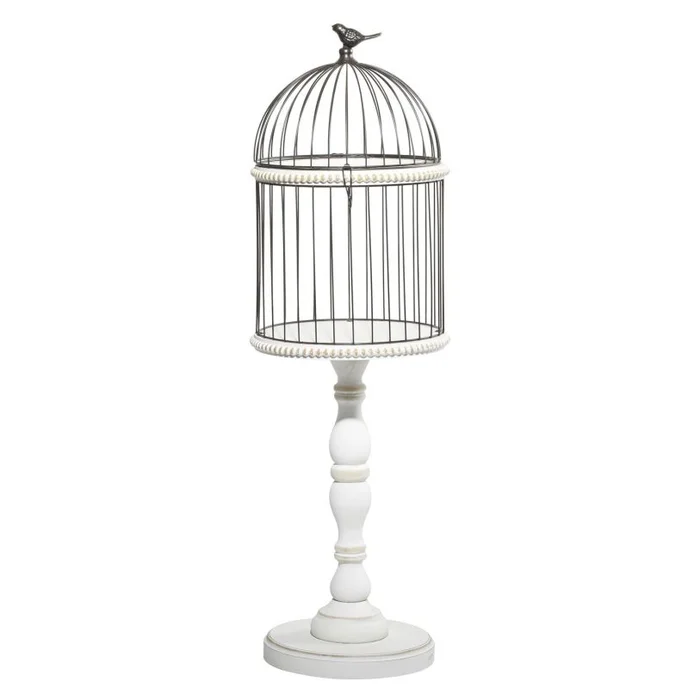 UMA White Wood Indoor Outdoor Turned Beaded Birdcage with Black Metal Wire Frame and Bird Finial, 14″ x 14″ x 44″ | 77902