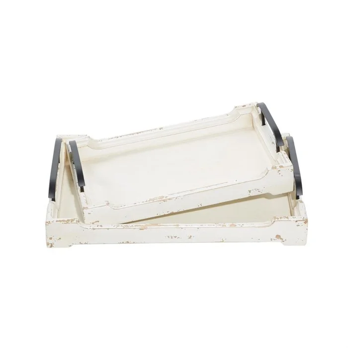 UMA White Wood Living Room Decor Tray with Metal Handles, Set of 2 20″, 17″W | 70132