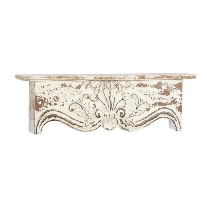UMA White Wood Scroll Distressed 1 Shelf Room Wall Shelf, 28″ x 6″ x 9″ | 18159