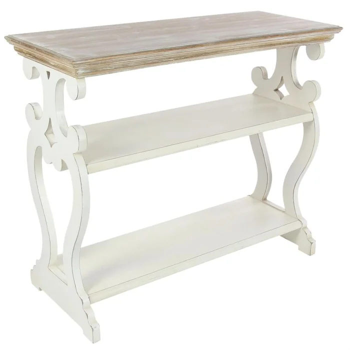 UMA White Wood Scroll Side Frames 2 Shelf Living Room Console Table with Brown Wood Top, 38″ x 15″ x 32″ | 44457