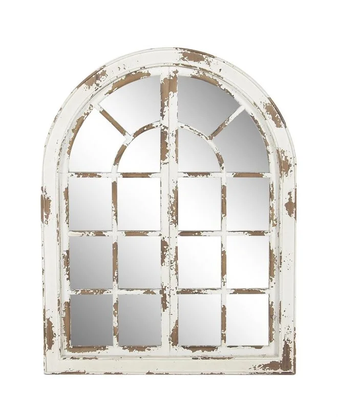 UMA White Wood Window Pane Inspired Room Wall Mirror with Arched Top and Distressing, 37″ x 2″ x 48″ | 89365 CLOSEOUT