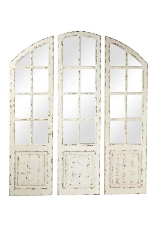 UMA White Wood Window Pane Inspired Room Wall Mirror with Arched Top and Distressing, Set of 3 60″, 59″, 59″H | 89389