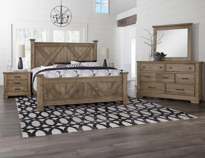 Vaughan-Bassett Cool Rustic 2pc Barndoor X Headboard and Footboard Bedroom Set in Stone Grey