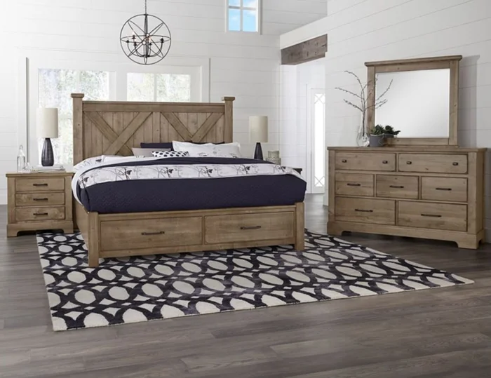 Vaughan-Bassett Cool Rustic 2pc Barndoor X Headboard with Storage Bedroom Set in Stone Grey
