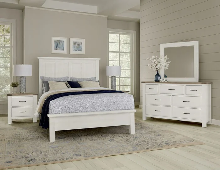 Vaughan-Bassett Maple Road 4-Piece Mansion Bedroom Set w/ Low Profile Footboard in Soft White/Natural Top