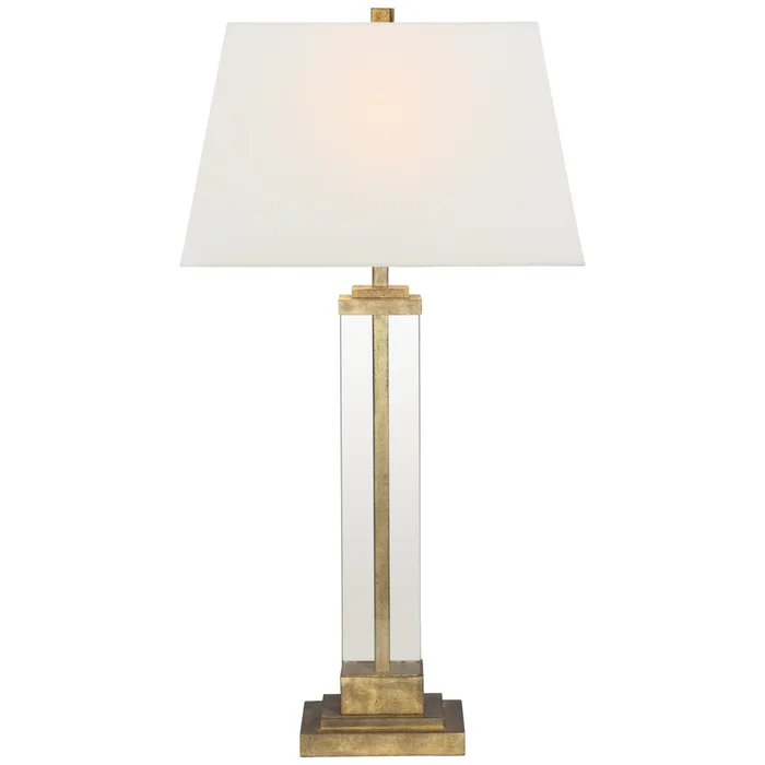 Visual Comfort Wright Table Lamp in Gilded Iron and Glass with Linen Shade W17″ x H33″