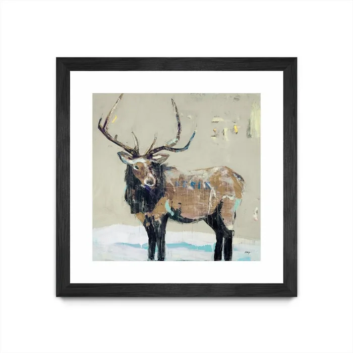 Winter Elk Neutral Matted and Framed Black 36×36 Wall Art|uvre dart murale encadre noire et mate Winter Elk Neutral 36×36